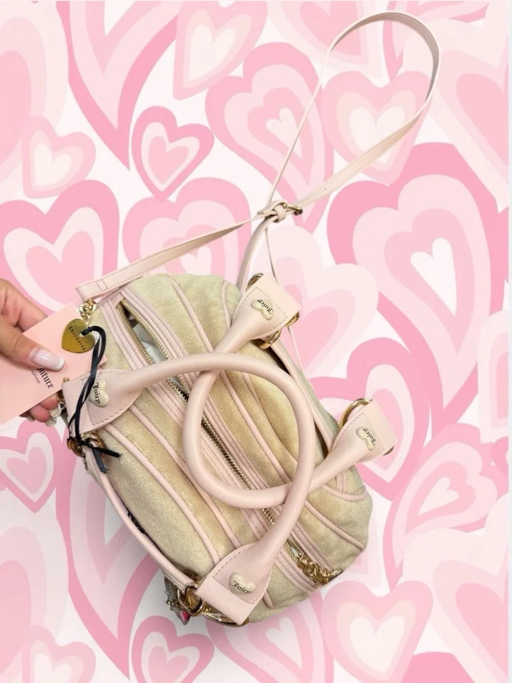 Juicy Couture Beige & Pink Velour Bowler Bag